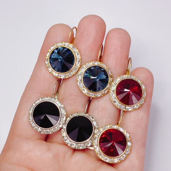 Vintage Lot of 3 Earrings Pairs Rivoli Rhinestone Leverback Mid Century Sparkly - Picture 2 of 16